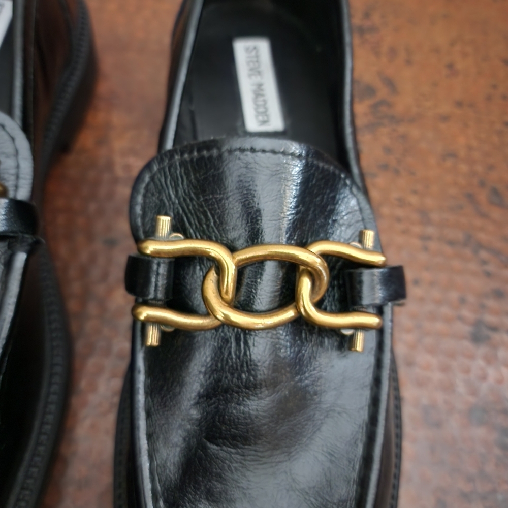 Steve Madden Black Leather Chain-Trim Loafers - Picture 8 of 16